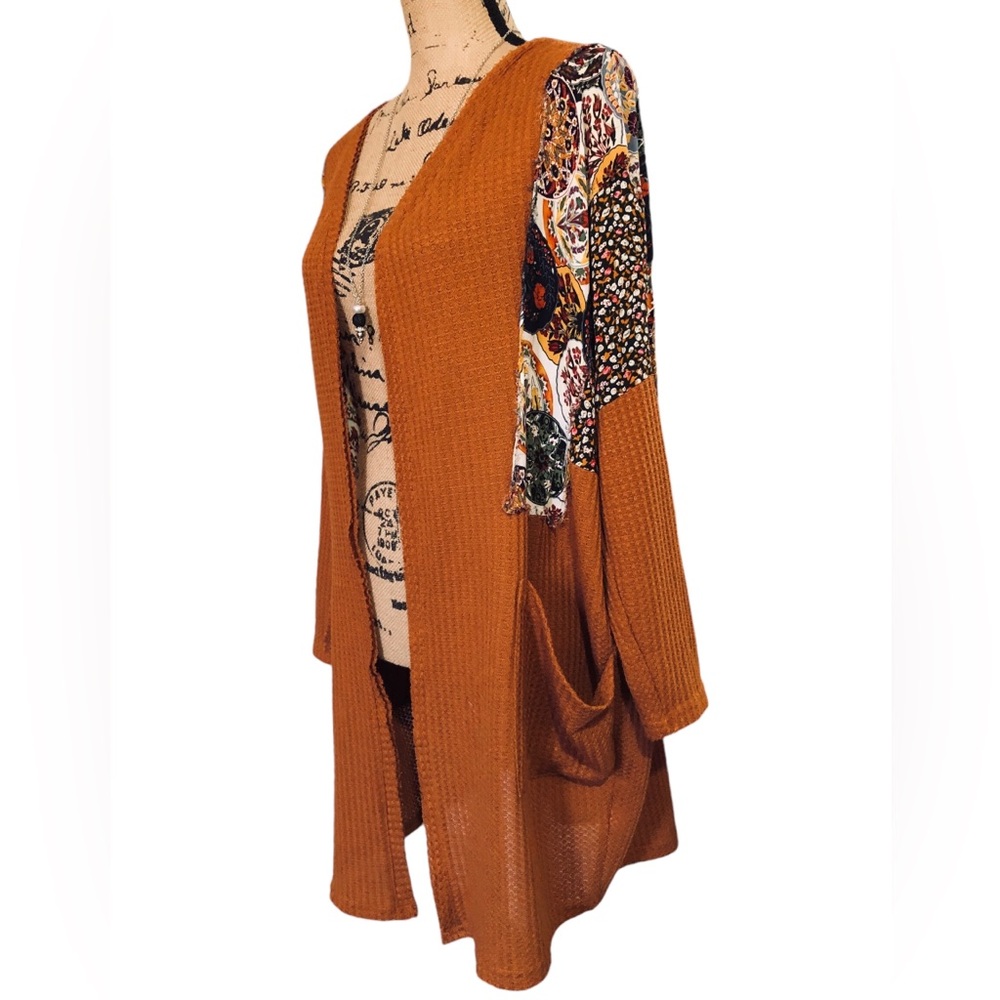 Umgee Waffle Knit Open Front Cardigan Pockets & Patchwork RUNS BIGGER!
